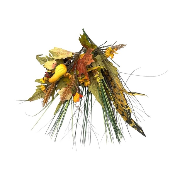 FALL HARVEST ARTIFICIAL FLORAL BUNDLE AUTUMN LEAVES WHEAT GOURDS WILD GRASS - Picture 5 of 6